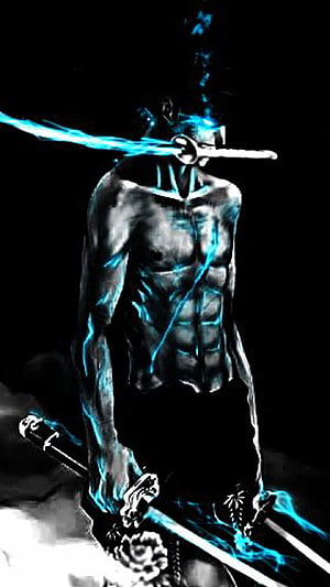 Roronoa Zoro Wielding Dual Swords With Glowing Blue Haki Energy HD phone wallpaper