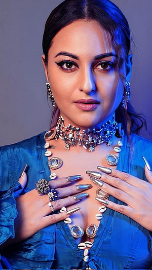 Sonakshi Sinha Bollywood Actress Portrait in Blue Attire with Ornate Jewelry HD phone wallpaper