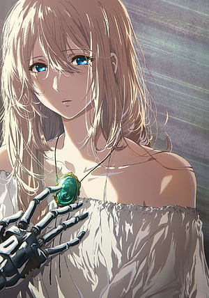 Violet Evergarden Anime Character Portrait with Mechanical Hand and Green Brooch HD phone wallpaper