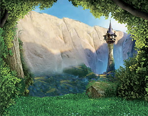 Tangled Rapunzel Tower Concept Art with Waterfall and Lush Forest Framing HD wallpaper