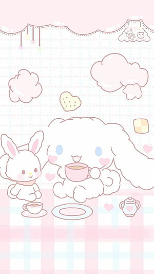 Cinnamoroll and a bunny rabbit enjoying a cozy tea party in a pastel kawaii room HD phone wallpaper