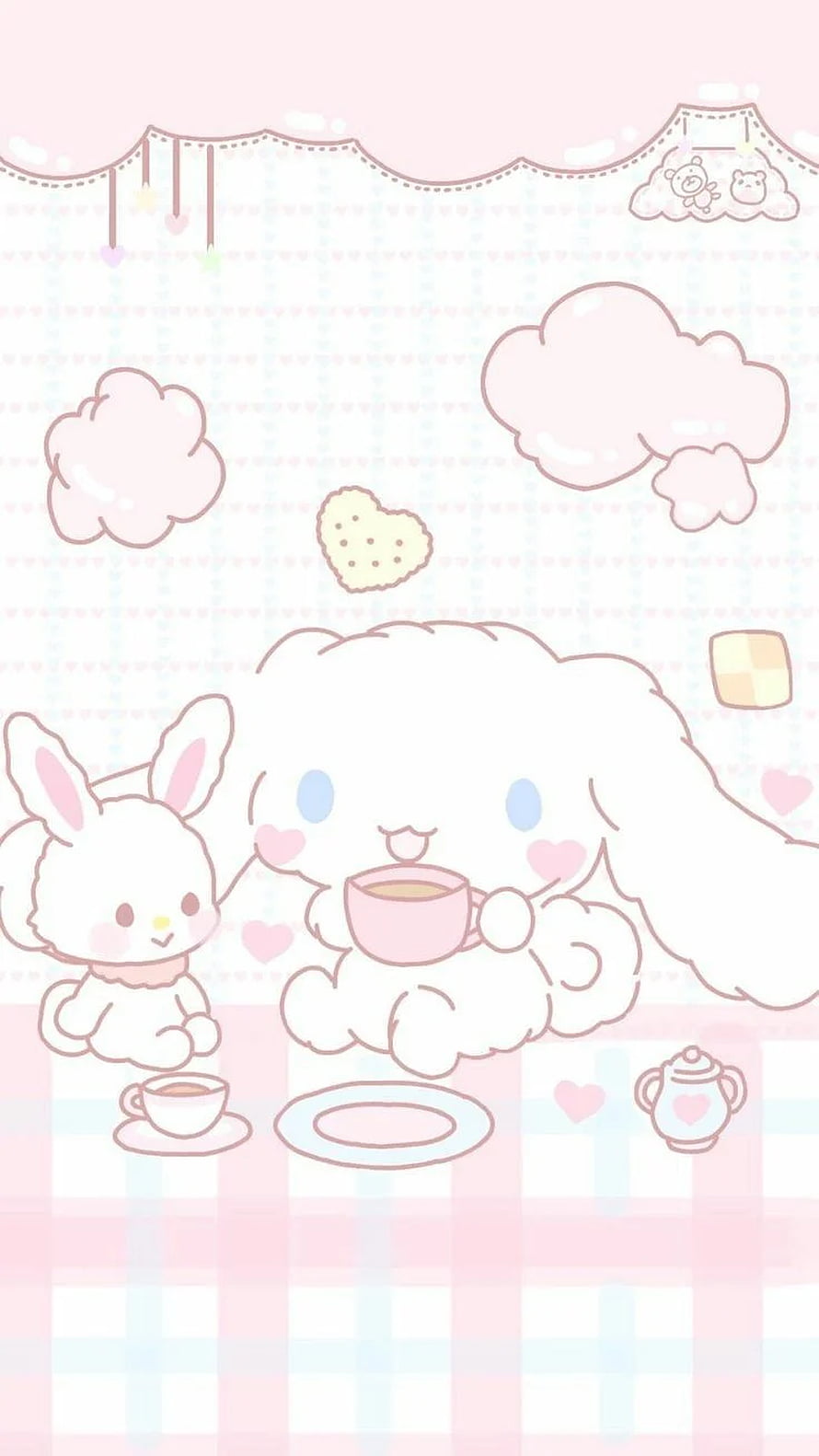 Cinnamoroll and a bunny rabbit enjoying a cozy tea party in a pastel kawaii room HD phone wallpaper