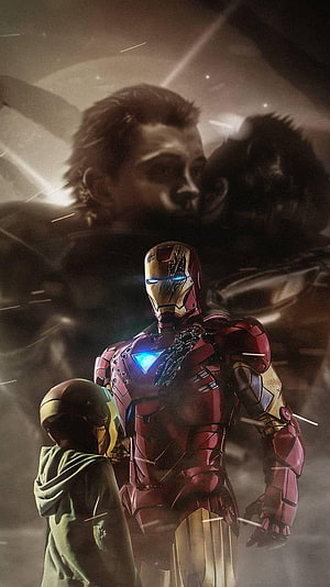 Tony Stark Iron Man Armor with Child and Ghostly Portrait in Dramatic Cinematic Art HD phone wallpaper