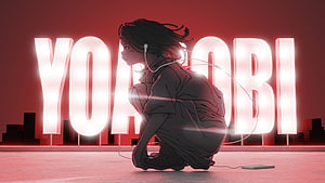 YOASOBI Anime Girl Crouching with Headphones in Red Neon Cityscape HD wallpaper