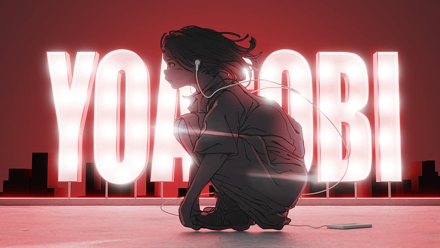 YOASOBI Anime Girl Crouching with Headphones in Red Neon Cityscape HD wallpaper