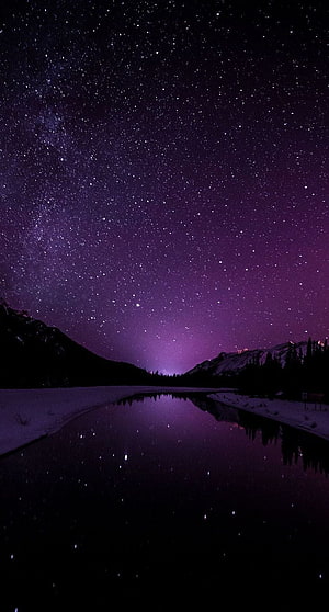 Purple Night Sky with Starry Reflection in a Mountain Lake HD phone wallpaper