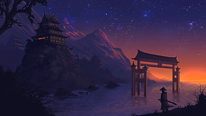 Silhouette of a samurai standing before a torii gate at a Japanese coastal shrine under a starry night sky HD wallpaper