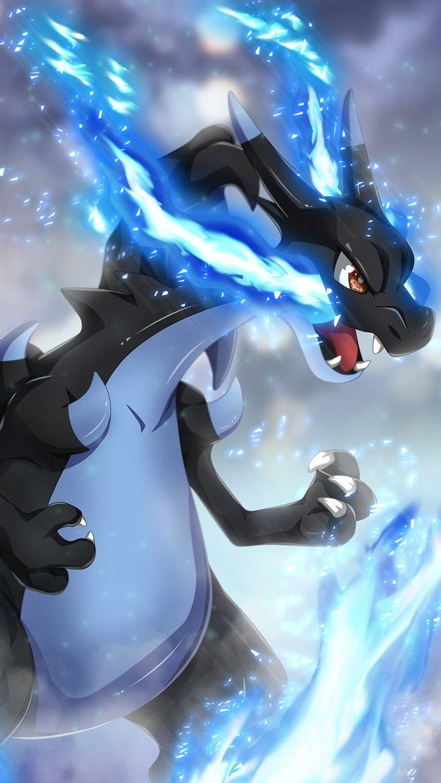 Mega Charizard X unleashing a powerful blue dragon breath in a dramatic anime style HD phone wallpaper