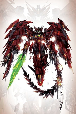 Gundam Epyon Dark Red Mecha Concept Art with Green Energy Blade and Mechanical Wings HD phone wallpaper