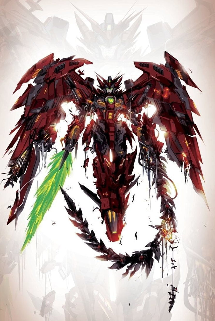 Gundam Epyon Dark Red Mecha Concept Art with Green Energy Blade and Mechanical Wings HD phone wallpaper