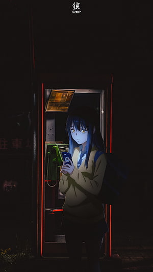 Miko Yotsuya from Mieruko-chan Standing in a Dark Phone Booth at Night HD phone wallpaper