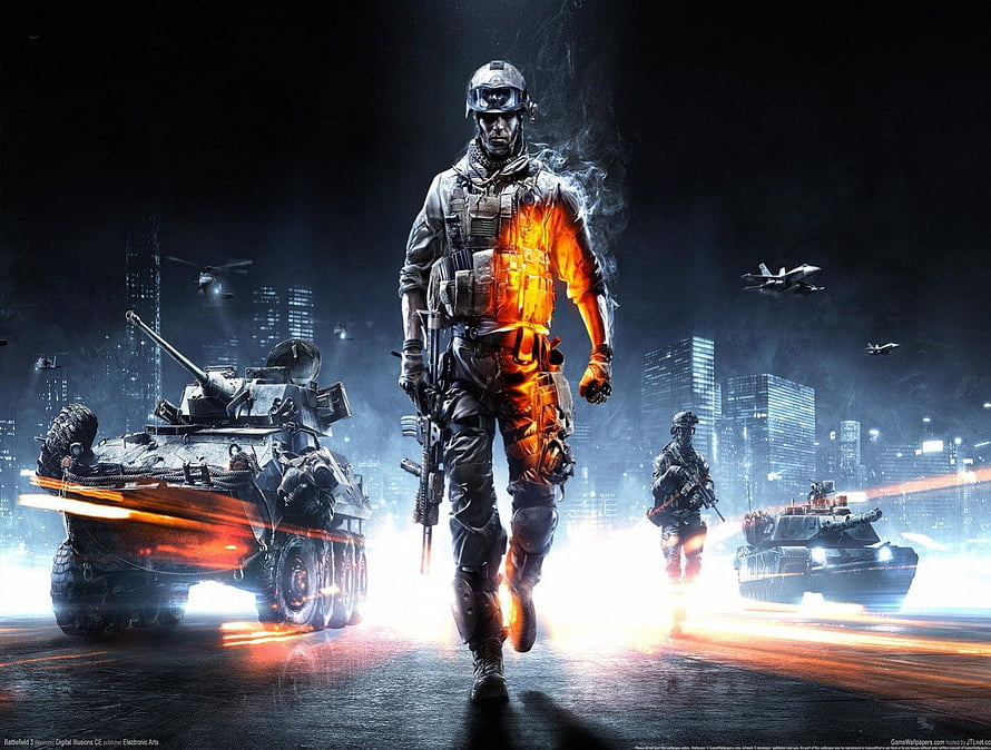 Battlefield 3 Soldier Walking Through Urban Battlefield With Tanks And Jets HD wallpaper