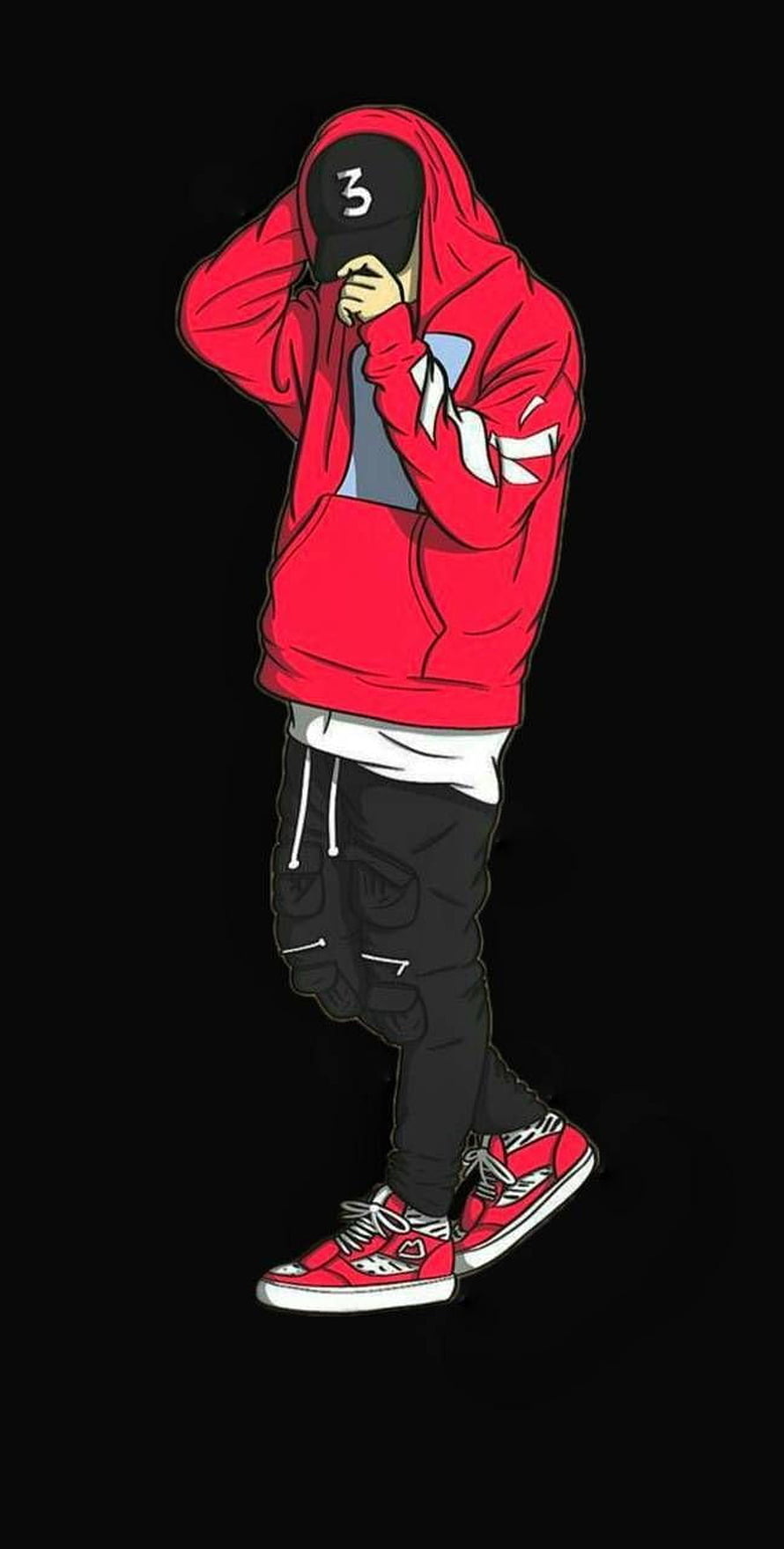 Streetwear Illustration of a Hooded Figure in Red Jacket and Black Cargo Pants HD phone wallpaper