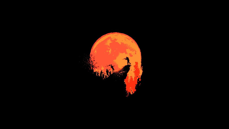 Silhouetted Figures on a Cliff Against a Massive Orange Moon in a Dark Minimalist Landscape HD wallpaper