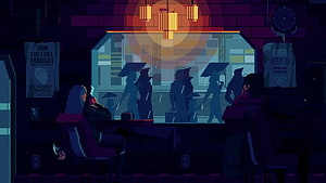 Pixel Art Cyberpunk Cafe Interior With Rainy Street View And Silhouetted Figures HD wallpaper