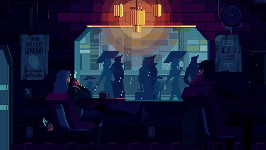 Pixel Art Cyberpunk Cafe Interior With Rainy Street View And Silhouetted Figures HD wallpaper