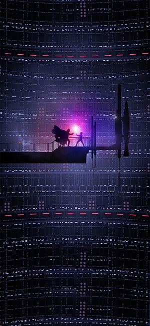 Star Wars Silhouette Duel on a Platform Inside a Massive Dark Industrial Cavern HD phone wallpaper