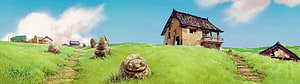 Studio Ghibli Village Scene With Stone Jizo Statues On A Green Hillside HD wallpaper