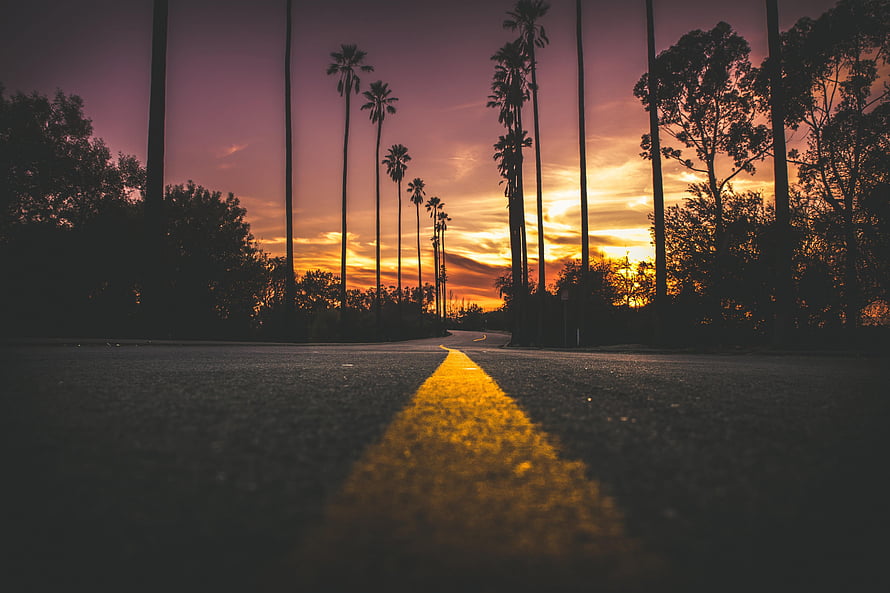 Sunset Road With Palm Trees And Yellow Center Line HD wallpaper