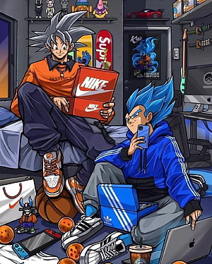Goku and Vegeta in Streetwear Style with Nike and Adidas Sneakers in a Modern Bedroom HD phone wallpaper