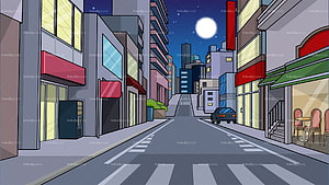 Cartoon City Street at Night with Full Moon and Parked Car HD wallpaper