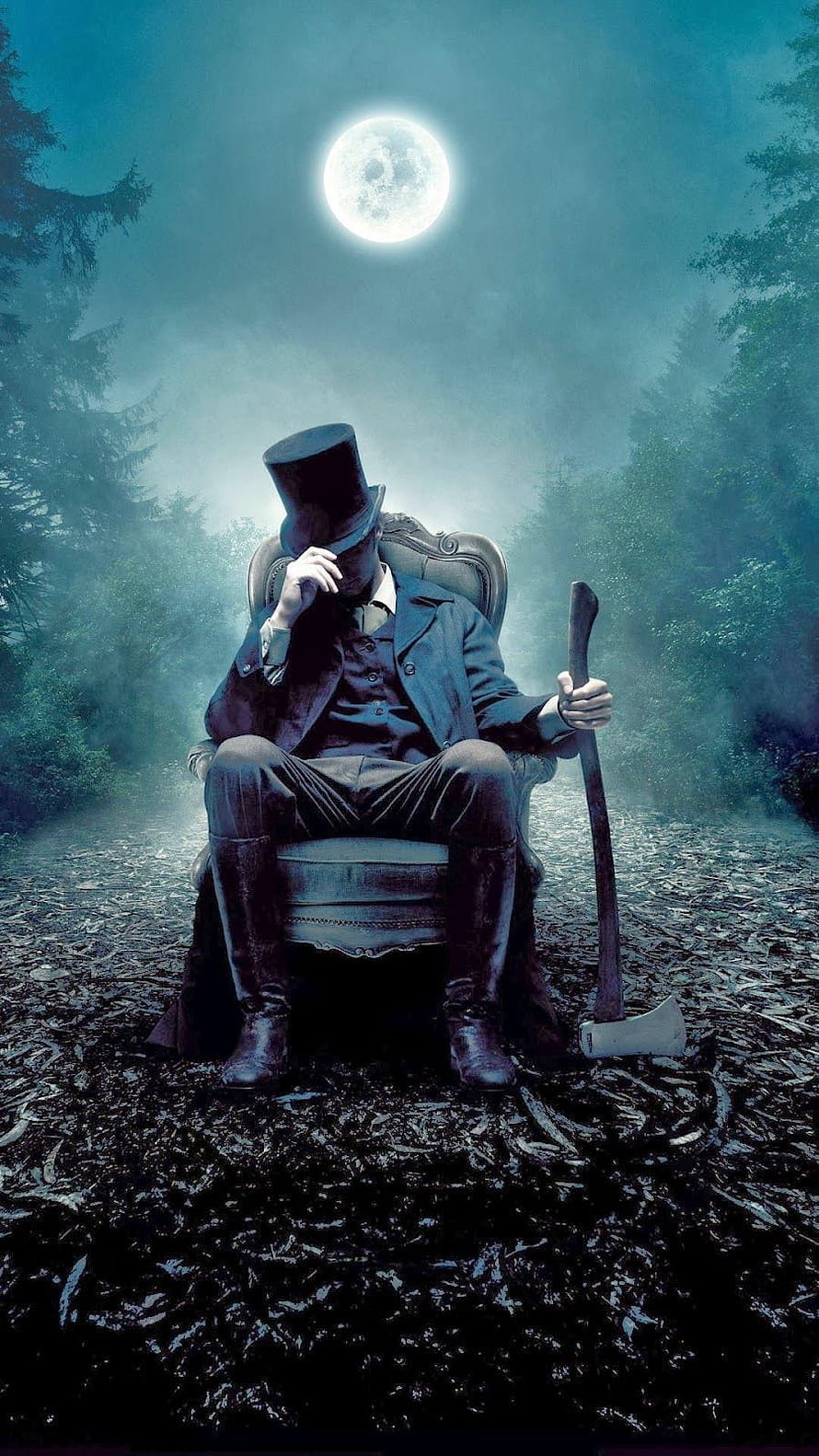 Mysterious Top Hat Figure Seated in Moonlit Forest with Axe HD phone wallpaper