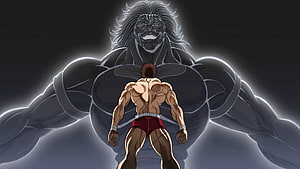 Baki Anime Yujiro Hanma Confrontation Scene With Colossal Shadow Figure HD wallpaper