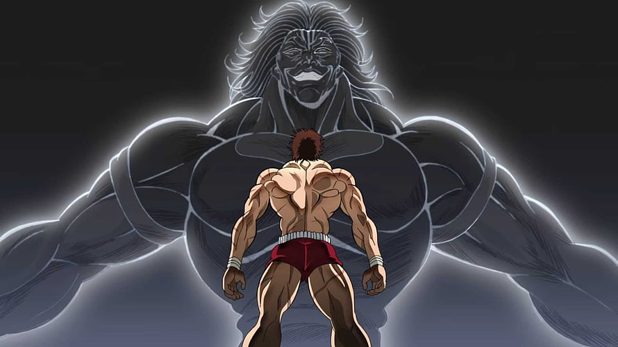 Baki Anime Yujiro Hanma Confrontation Scene With Colossal Shadow Figure HD wallpaper