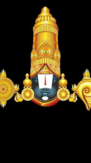 Tirupati Balaji Divine Face with Golden Crown and Sacred Symbols on Black Background HD phone wallpaper