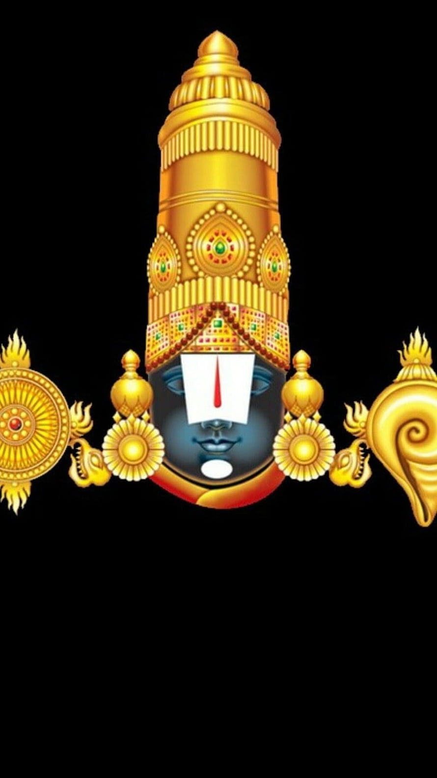 Tirupati Balaji Divine Face with Golden Crown and Sacred Symbols on Black Background HD phone wallpaper