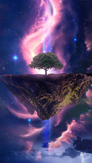 Floating Island with Solitary Tree Against Vibrant Cosmic Nebula and Starry Sky HD phone wallpaper