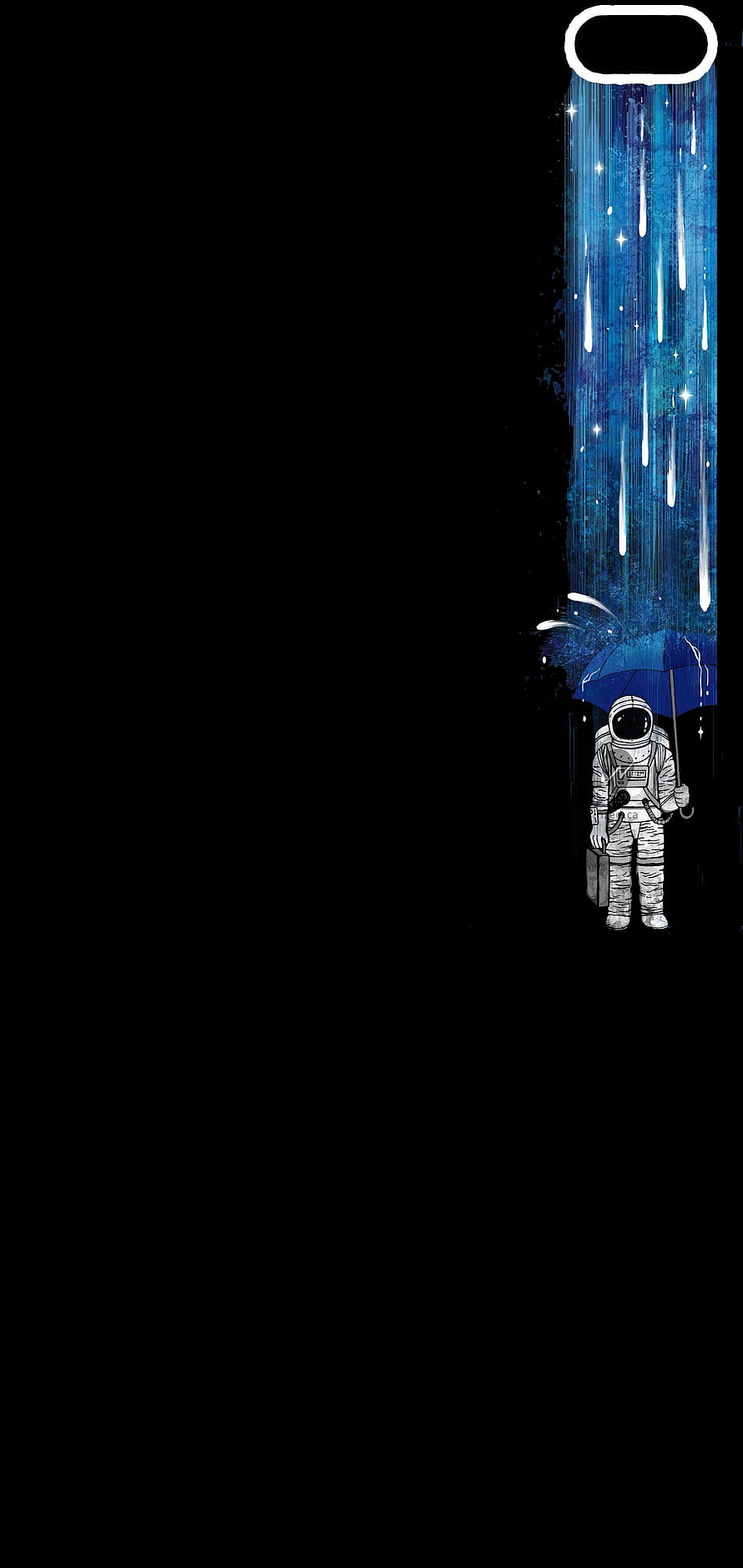 Astronaut Holding Blue Umbrella Under Cosmic Star Rain on Black Background HD phone wallpaper