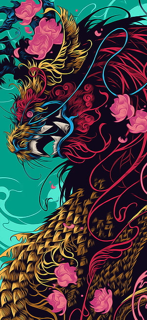 Vibrant Japanese Dragon Graffiti Art with Neon Accents and Floral Elements HD phone wallpaper