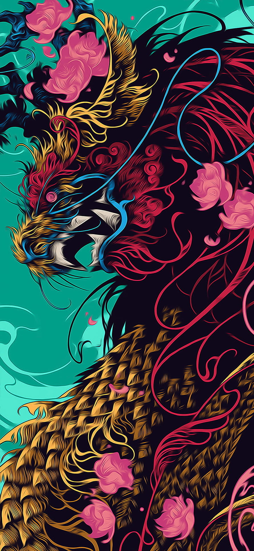 Vibrant Japanese Dragon Graffiti Art with Neon Accents and Floral Elements HD phone wallpaper