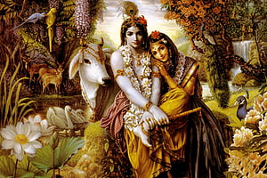 Radha and Krishna in a Lush Forest with White Cow and Lotus Flowers HD wallpaper