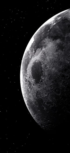 Crescent Moon Surface with Craters and Starry Night Sky in Black and White HD phone wallpaper