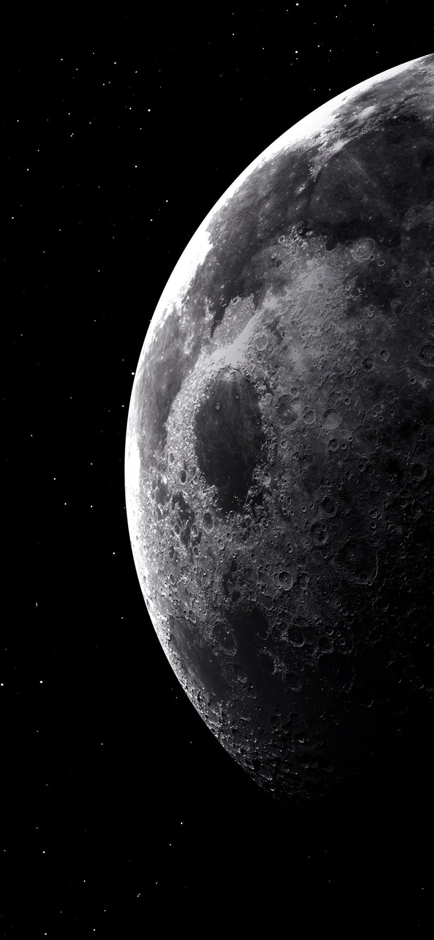 Crescent Moon Surface with Craters and Starry Night Sky in Black and White HD phone wallpaper