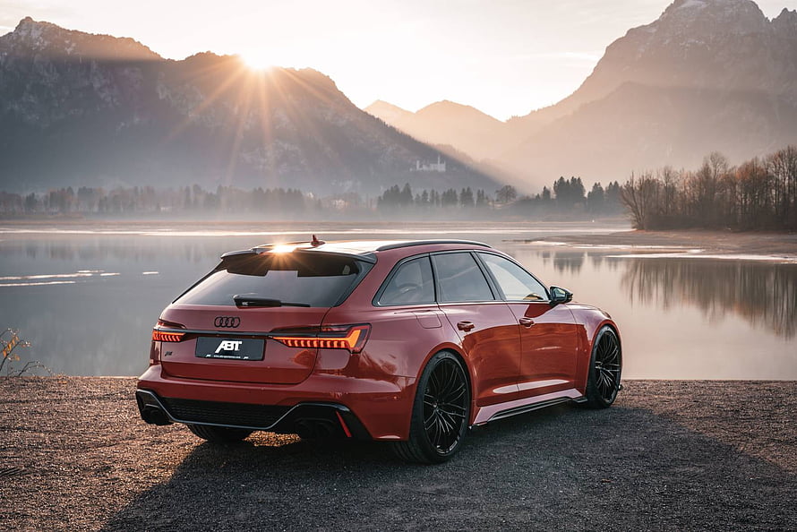 ABT Audi RS6 Avant in Red Parked by a Mountain Lake at Sunrise HD wallpaper