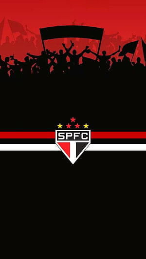 Sao Paulo FC Crest With Silhouetted Fans And Flags On Red And Black Background HD phone wallpaper