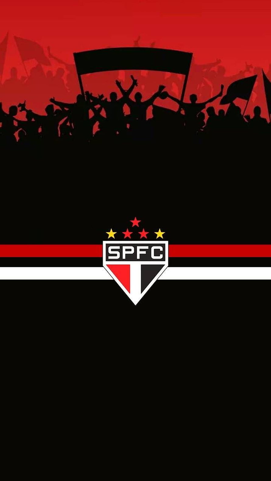 Sao Paulo FC Crest With Silhouetted Fans And Flags On Red And Black Background HD phone wallpaper
