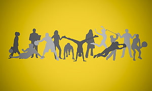 Dynamic Human Silhouettes Engaged in Sports and Exercise on Vibrant Yellow Background HD wallpaper