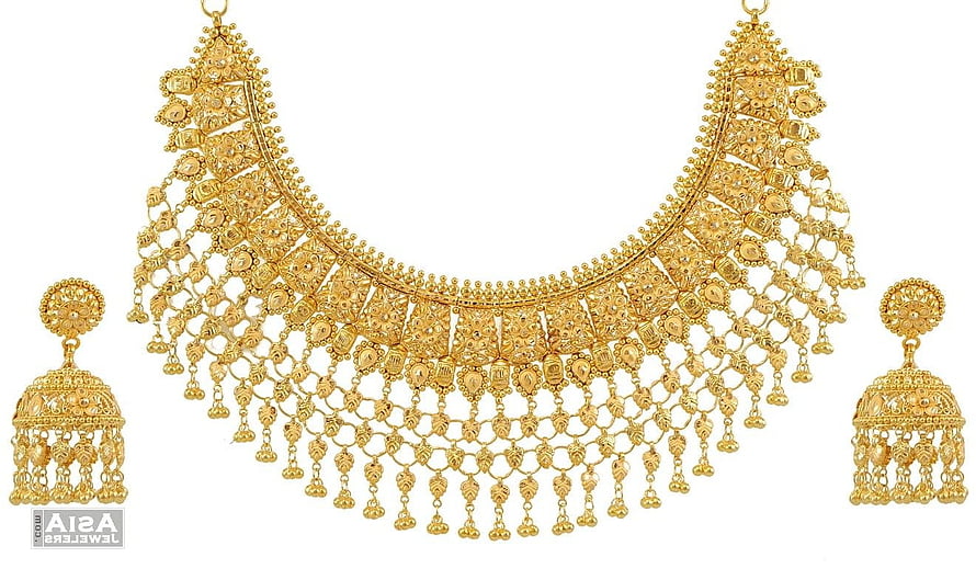 Traditional Indian Gold Necklace and Jhumka Earring Set with Intricate Filigree Work HD wallpaper