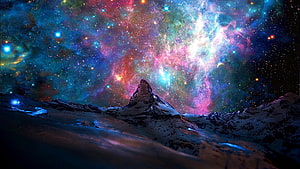 Matterhorn Peak Under Vibrant Nebula and Starry Night Sky Fantasy Landscape HD wallpaper