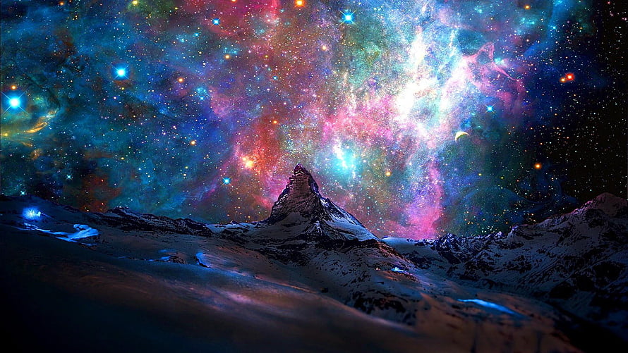 Matterhorn Peak Under Vibrant Nebula and Starry Night Sky Fantasy Landscape HD wallpaper