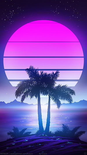 Synthwave Palm Tree Silhouette Against Neon Sunset Ocean Horizon HD phone wallpaper