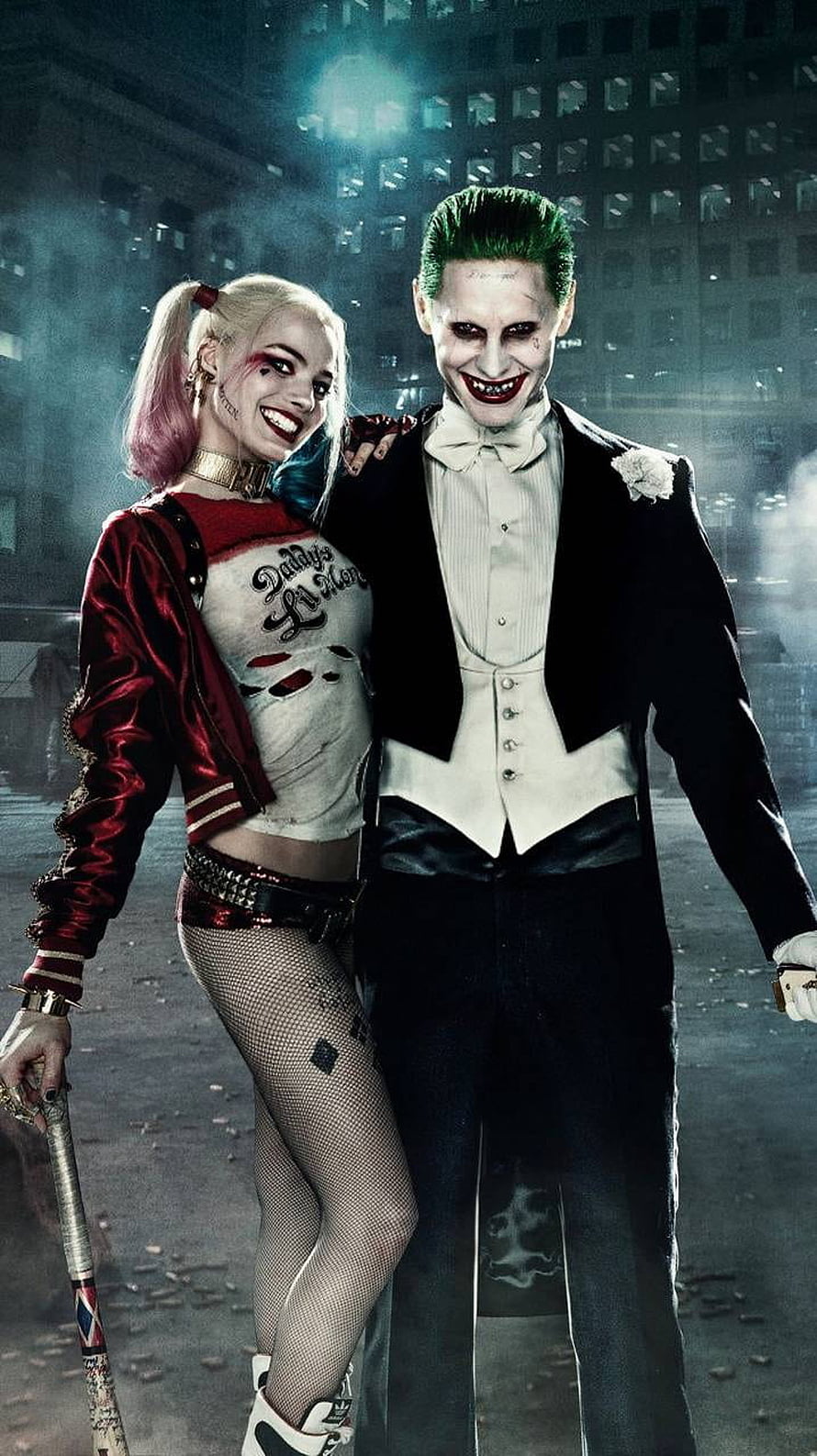 Harley Quinn and The Joker in a dark urban setting from the Suicide Squad film HD phone wallpaper