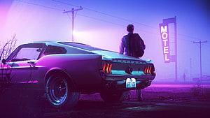 Neon-lit Ford Mustang Fastback parked beside a glowing motel sign in a retro-futuristic night scene HD wallpaper