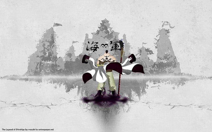 Whitebeard Shirohige anime character in ink wash style with Japanese calligraphy and cracked ground HD wallpaper
