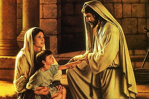 Jesus Blessing a Child and Mother in a Stone Temple Setting HD wallpaper