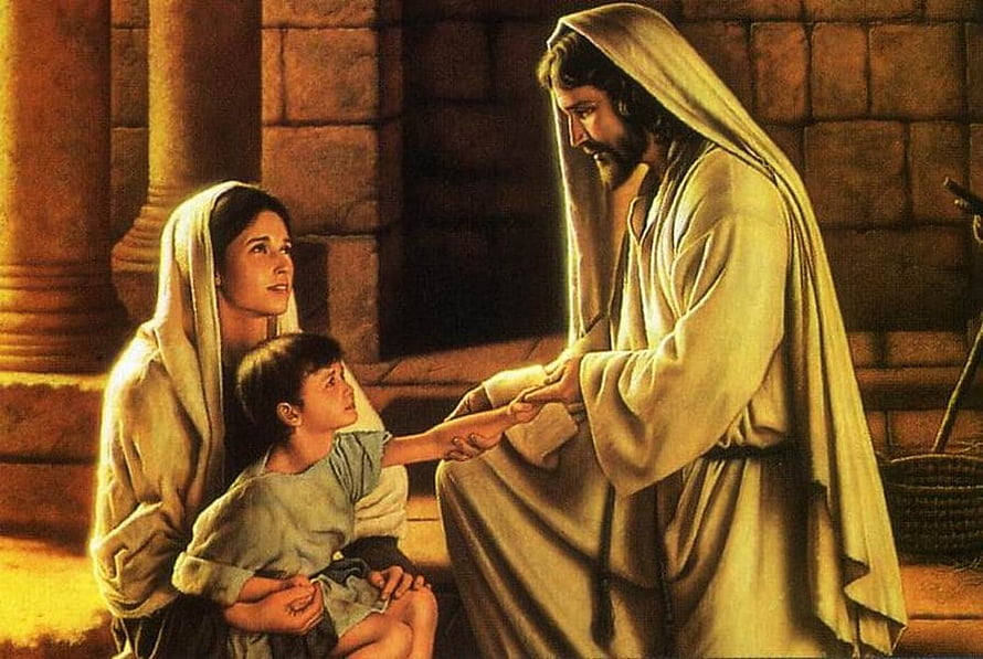 Jesus Blessing a Child and Mother in a Stone Temple Setting HD wallpaper